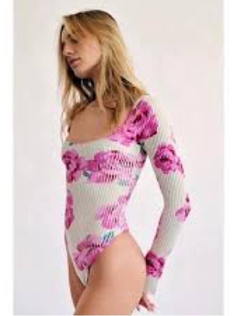 Free People Cream Ribbed Bodysuit with Pink Accent Lover to Lover Bodysuit M